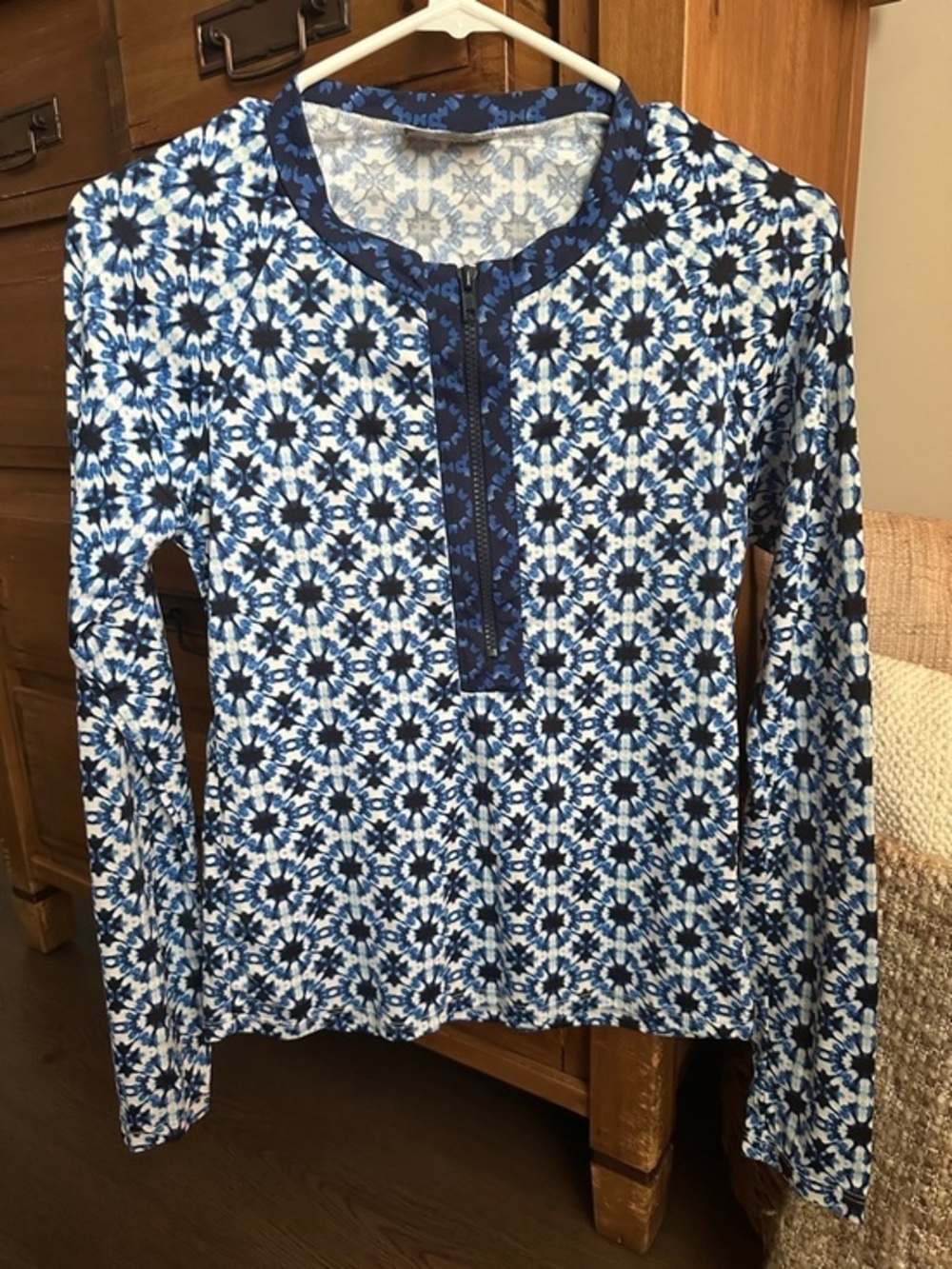 Tommy Bahama Blue and White Long-Sleeve Printed Top